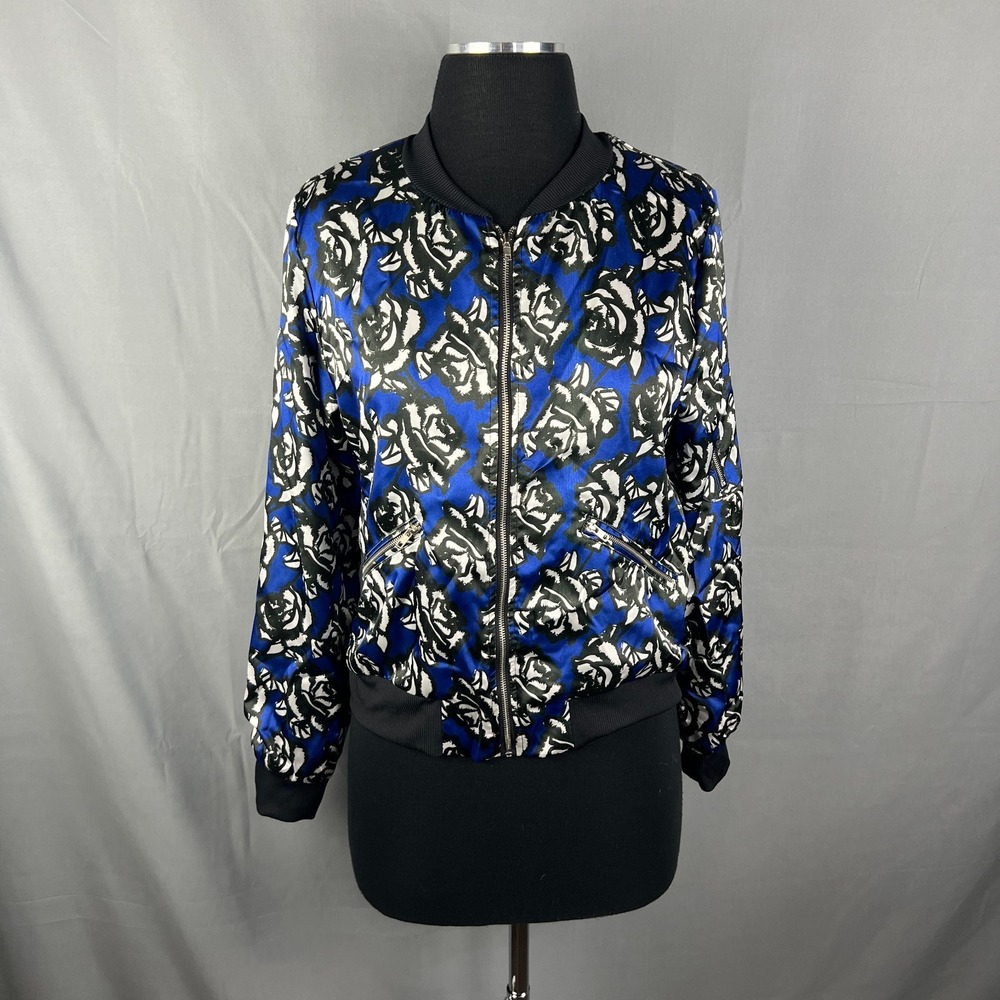 X By Gottex Gottex Bomber Womens Small Blue Black Floral Print Lined Ribbed Trim